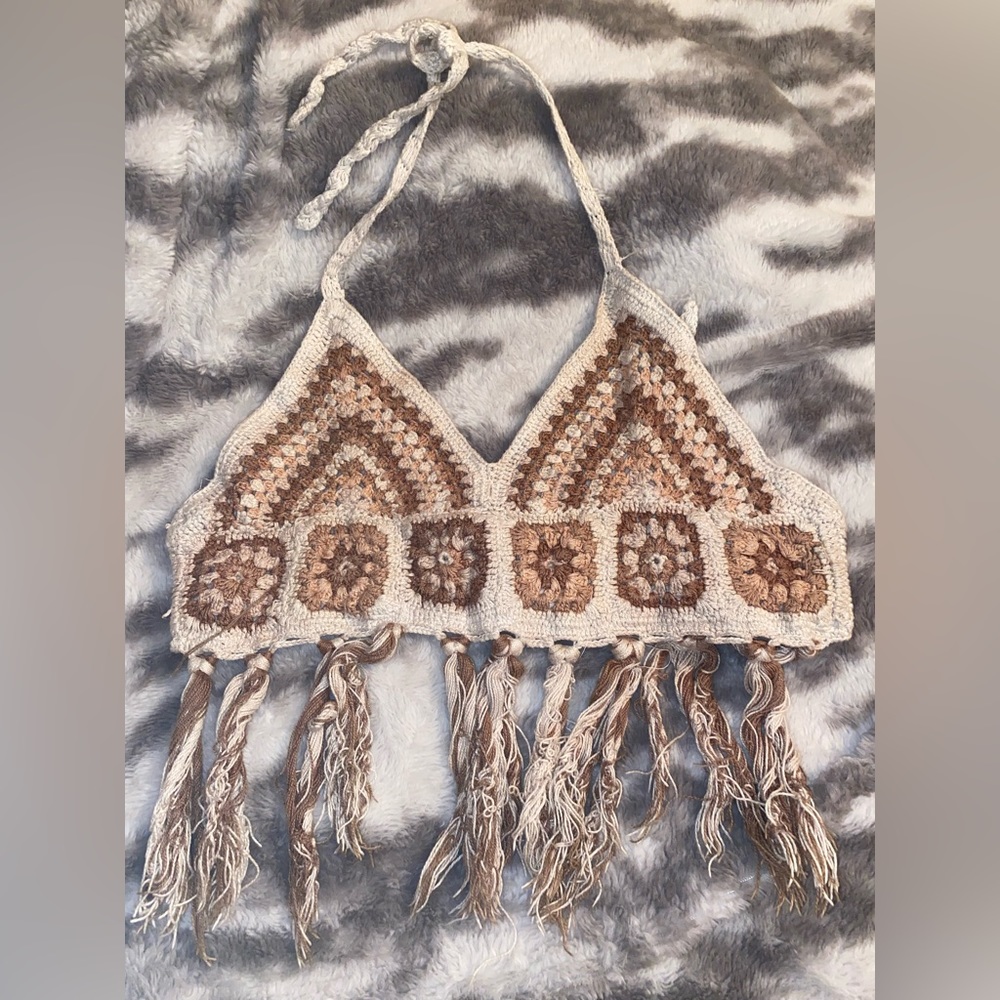 Crocheted Boho Cotton Lined Crop Top Earthbound Trading Co. Size Medium